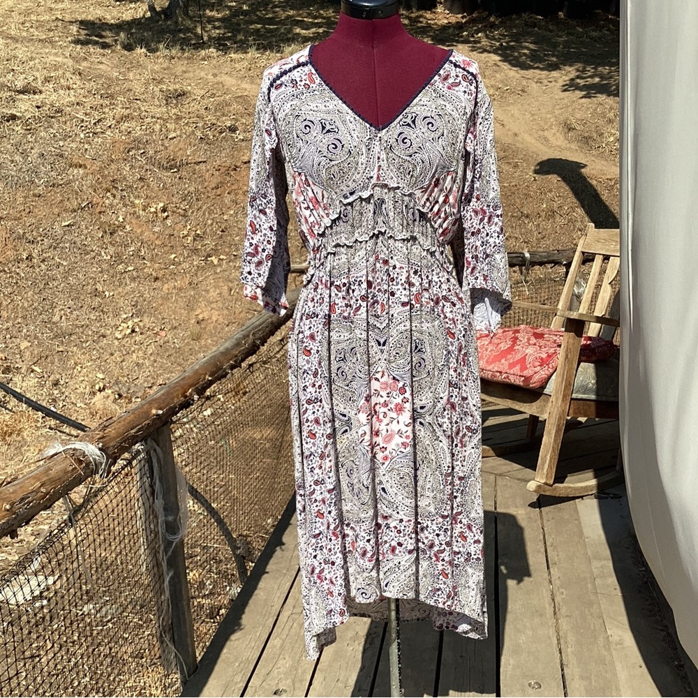 Knox Rose Rayon Floral Paisley V Neck Dress Size L Bohemian Hippie Spring Summer